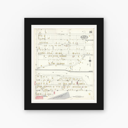 Old map wall art mockup — black gallery frame with white mat — Sanborn Fire Insurance Map from Ellwood City, Lawrence County, Pennsylvania (1921), Sheet #0020