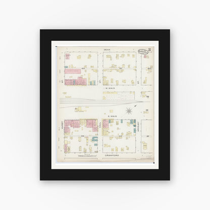 Old map wall art mockup — black gallery frame with white mat — Sanborn Fire Insurance Map from Bushnell, Mcdonough County, Illinois (1886), Sheet #0003