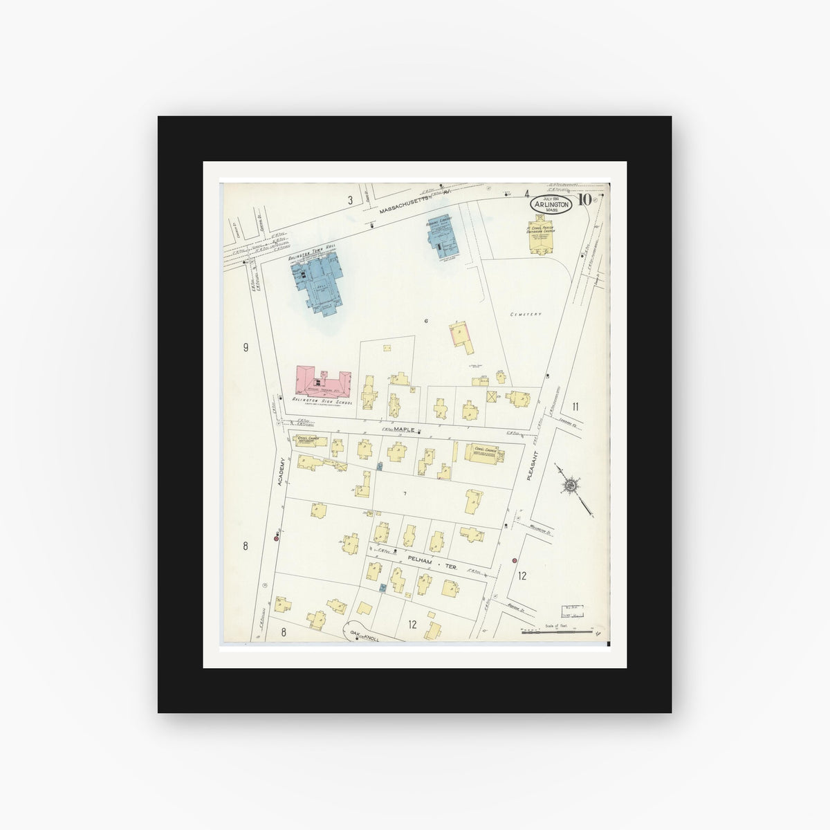 Old map wall art mockup — black gallery frame with white mat — Sanborn Fire Insurance Map from Arlington, Middlesex County, Massachusetts (1914), Sheet #0010