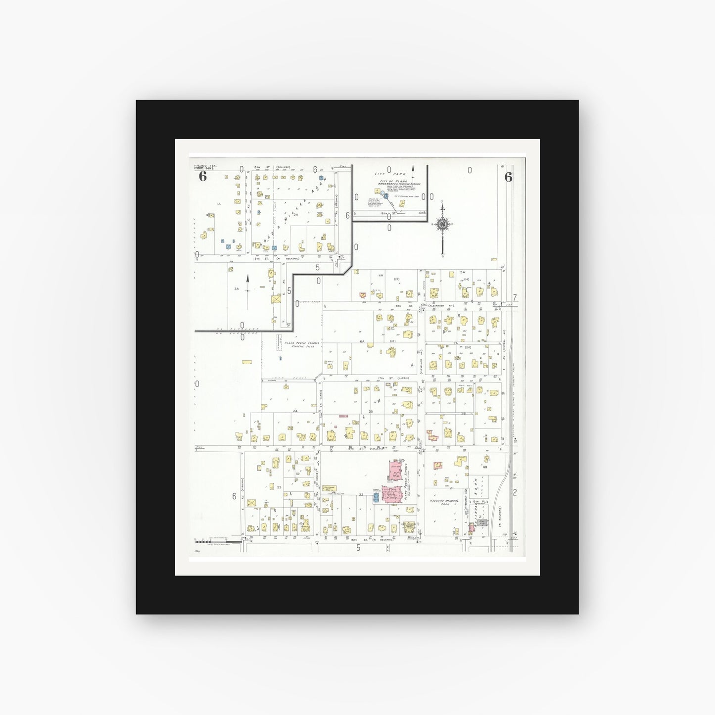Old map wall art mockup — black gallery frame with white mat — Sanborn Fire Insurance Map from Plano, Collin County, Texas (1949), Sheet #0006
