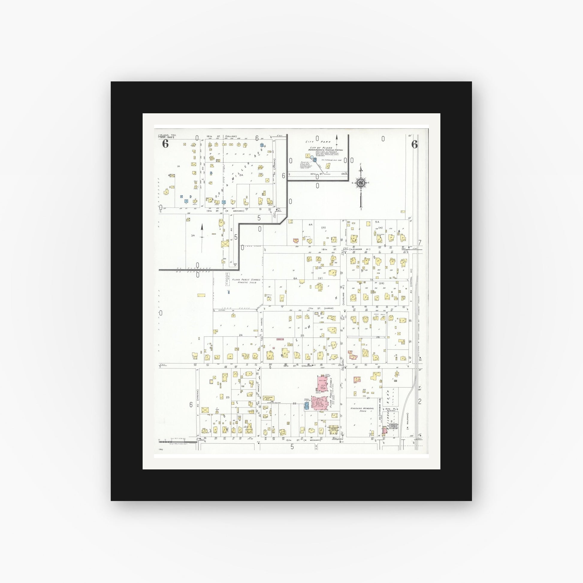 Old map wall art mockup — black gallery frame with white mat — Sanborn Fire Insurance Map from Plano, Collin County, Texas (1949), Sheet #0006