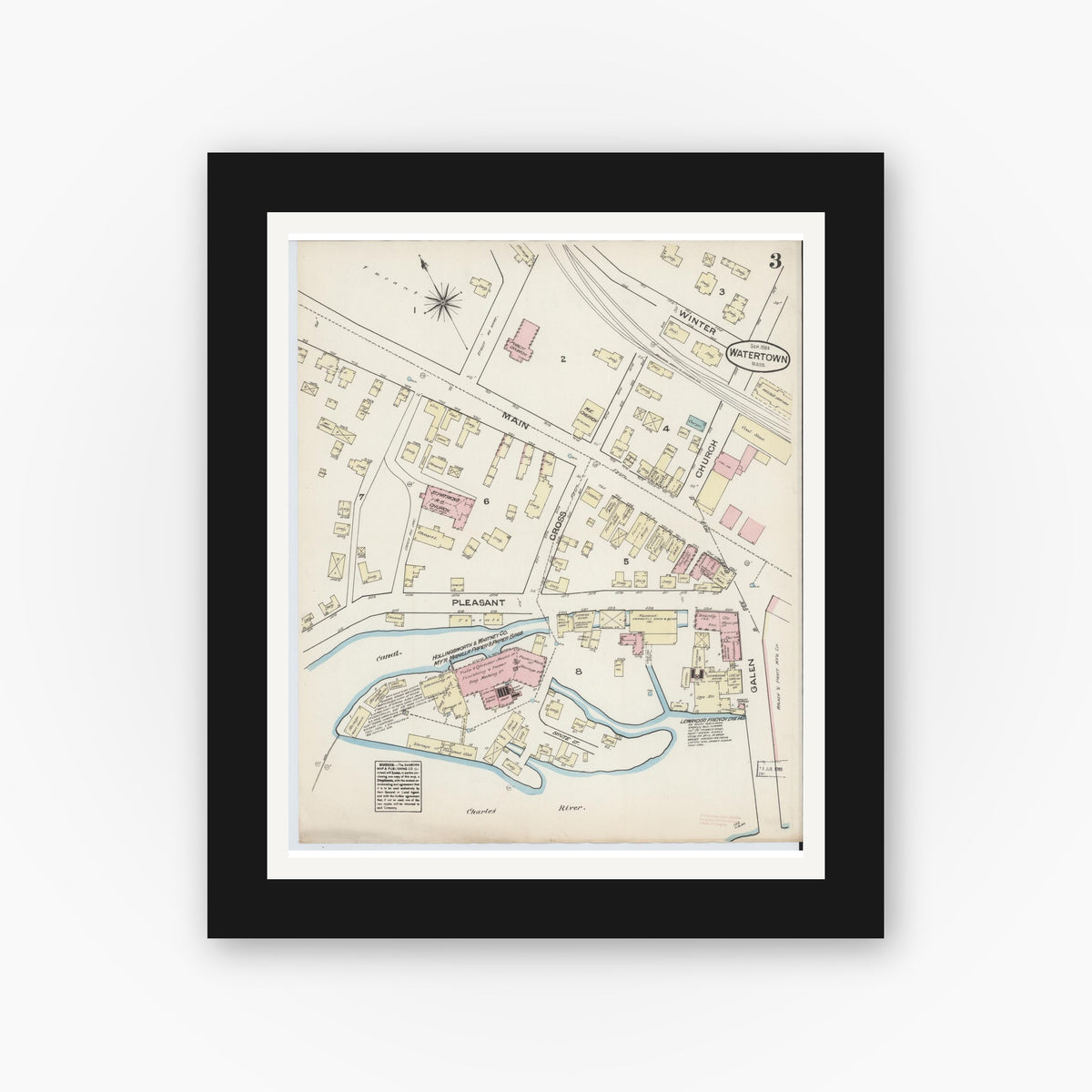 Old map wall art mockup — black gallery frame with white mat — Sanborn Fire Insurance Map from Watertown, Middlesex County, Massachusetts (1884), Sheet #0003