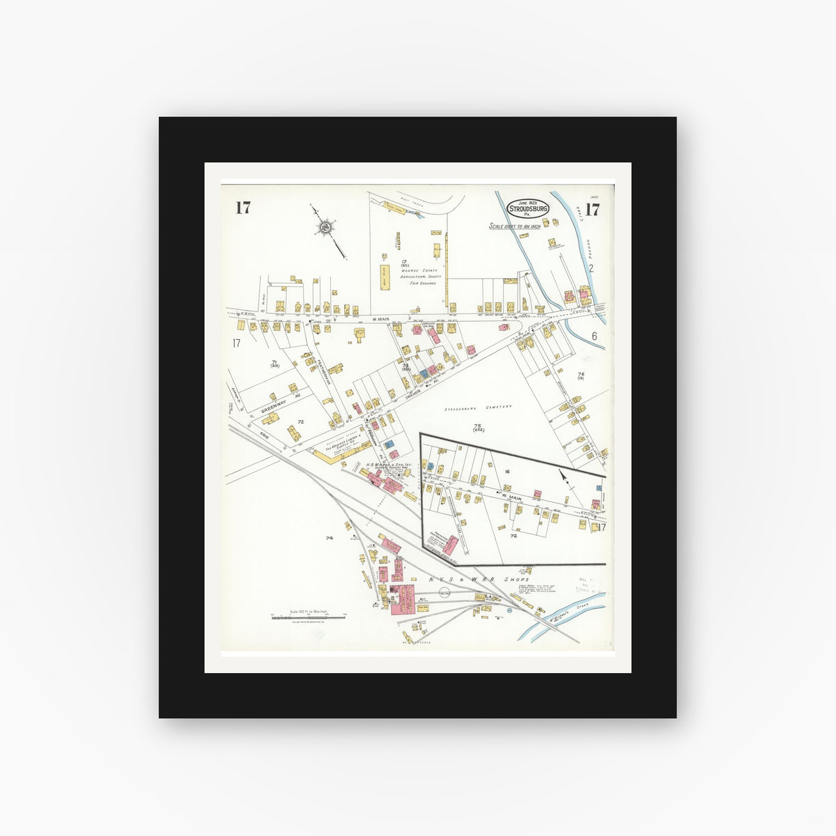 Old map wall art mockup — black gallery frame with white mat — Sanborn Fire Insurance Map from Stroudsburg, Monroe County, Pennsylvania (1923), Sheet #0017