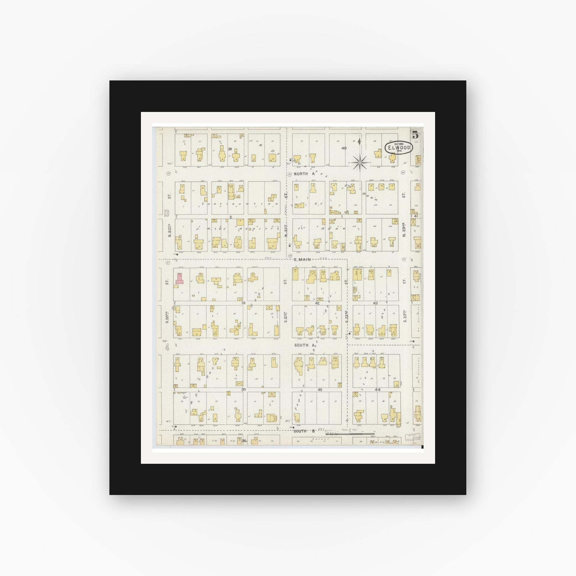 Old map wall art mockup — black gallery frame with white mat — Sanborn Fire Insurance Map from Elwood, Madison County, Indiana (1895), Sheet #0005