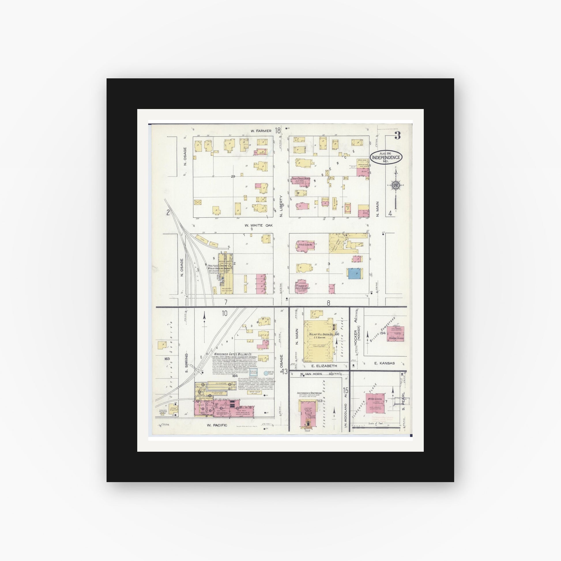 Old map wall art mockup — black gallery frame with white mat — Sanborn Fire Insurance Map from Independence, Jackson County, Missouri (1916), Sheet #0003