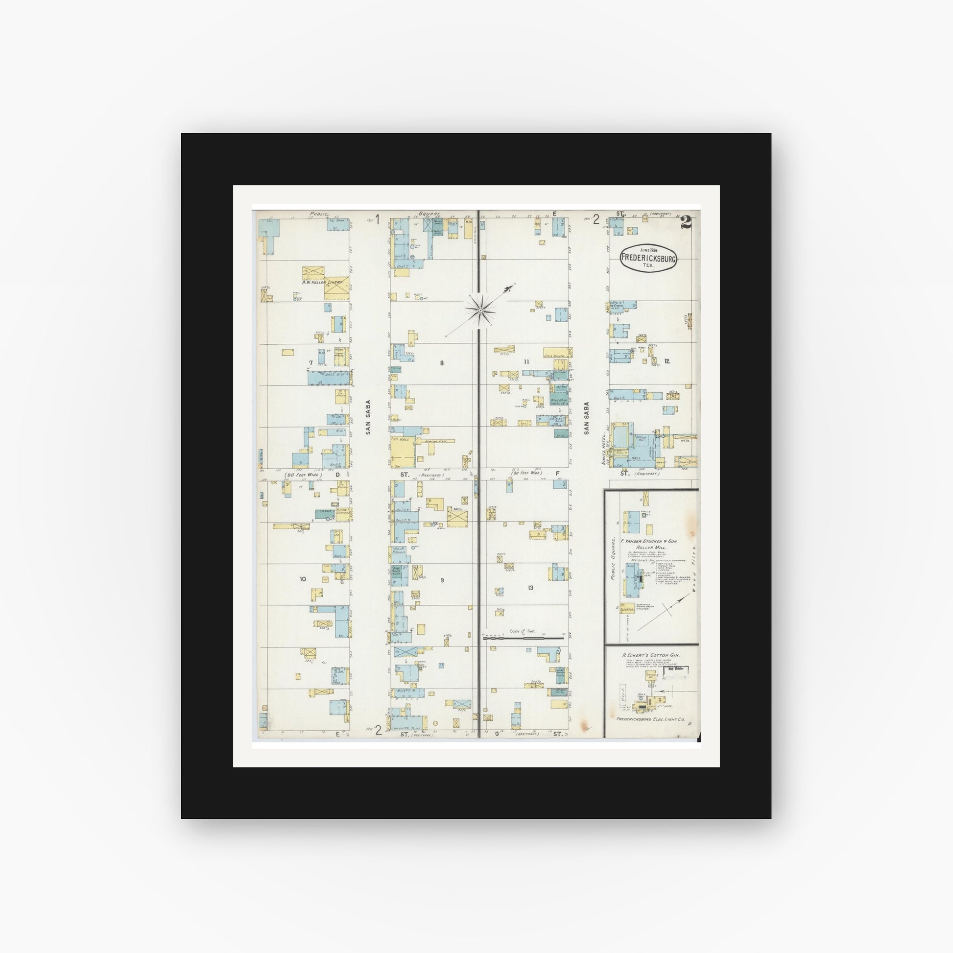 Old map wall art mockup — black gallery frame with white mat — Sanborn Fire Insurance Map from Fredericksburg, Gillespie County, Texas (1896), Sheet #0002