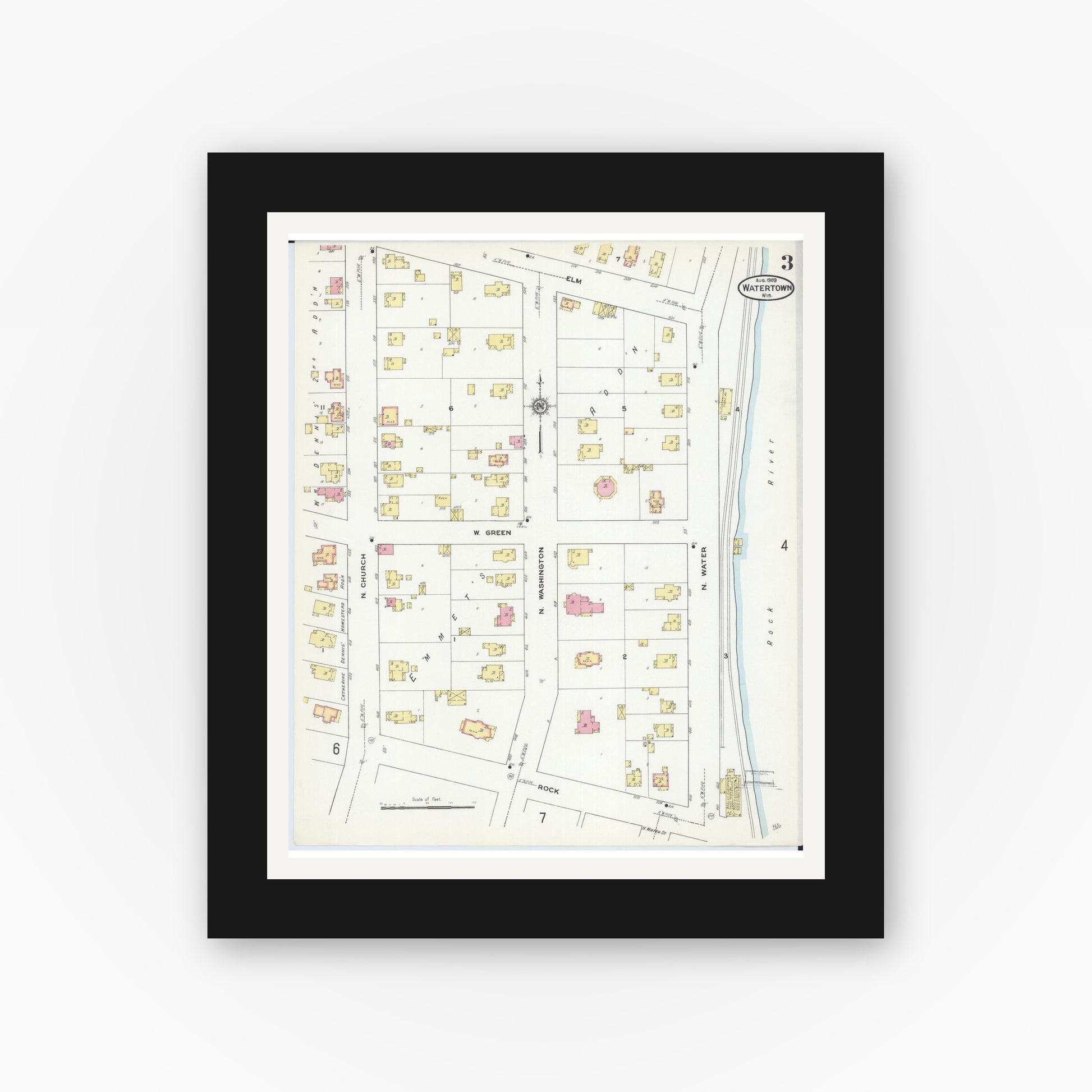Old map wall art mockup — black gallery frame with white mat — Sanborn Fire Insurance Map from Watertown, Jefferson County, Wisconsin (1909), Sheet #0003