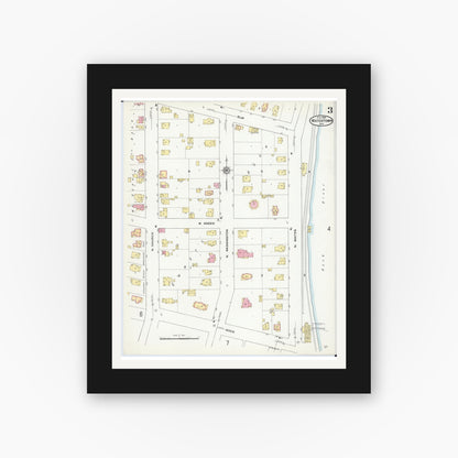 Old map wall art mockup — black gallery frame with white mat — Sanborn Fire Insurance Map from Watertown, Jefferson County, Wisconsin (1909), Sheet #0003