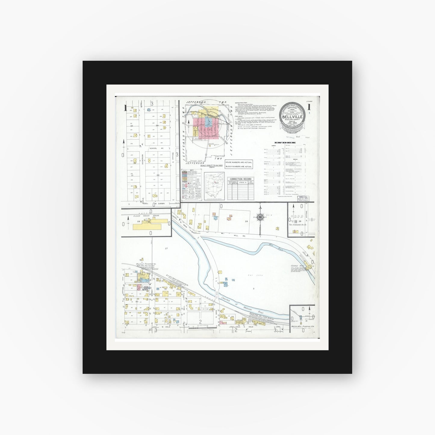 Old map wall art mockup — black gallery frame with white mat — Sanborn Fire Insurance Map from Bellville, Richland County, Ohio (1950) - Complete Map Set