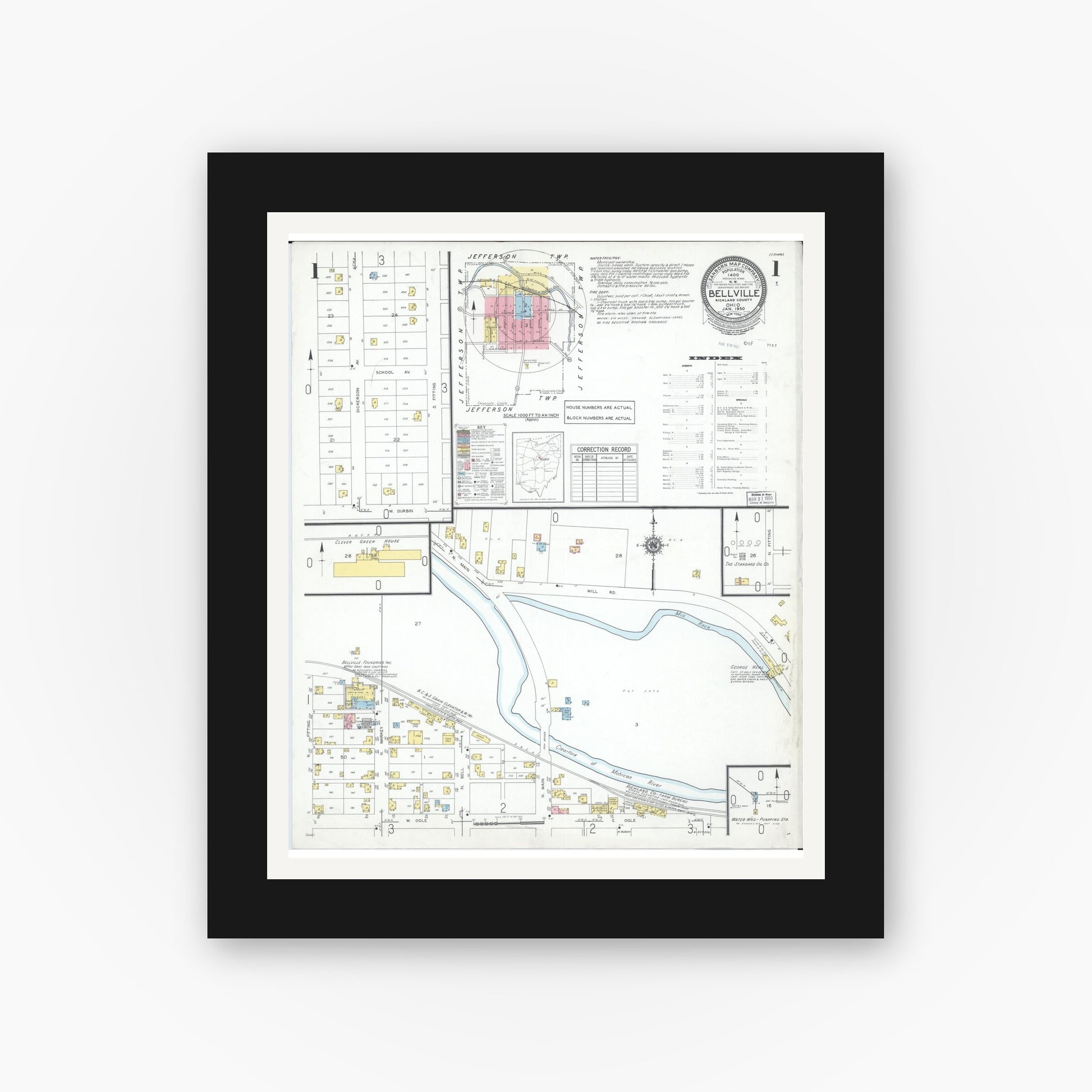 Old map wall art mockup — black gallery frame with white mat — Sanborn Fire Insurance Map from Bellville, Richland County, Ohio (1950) - Complete Map Set