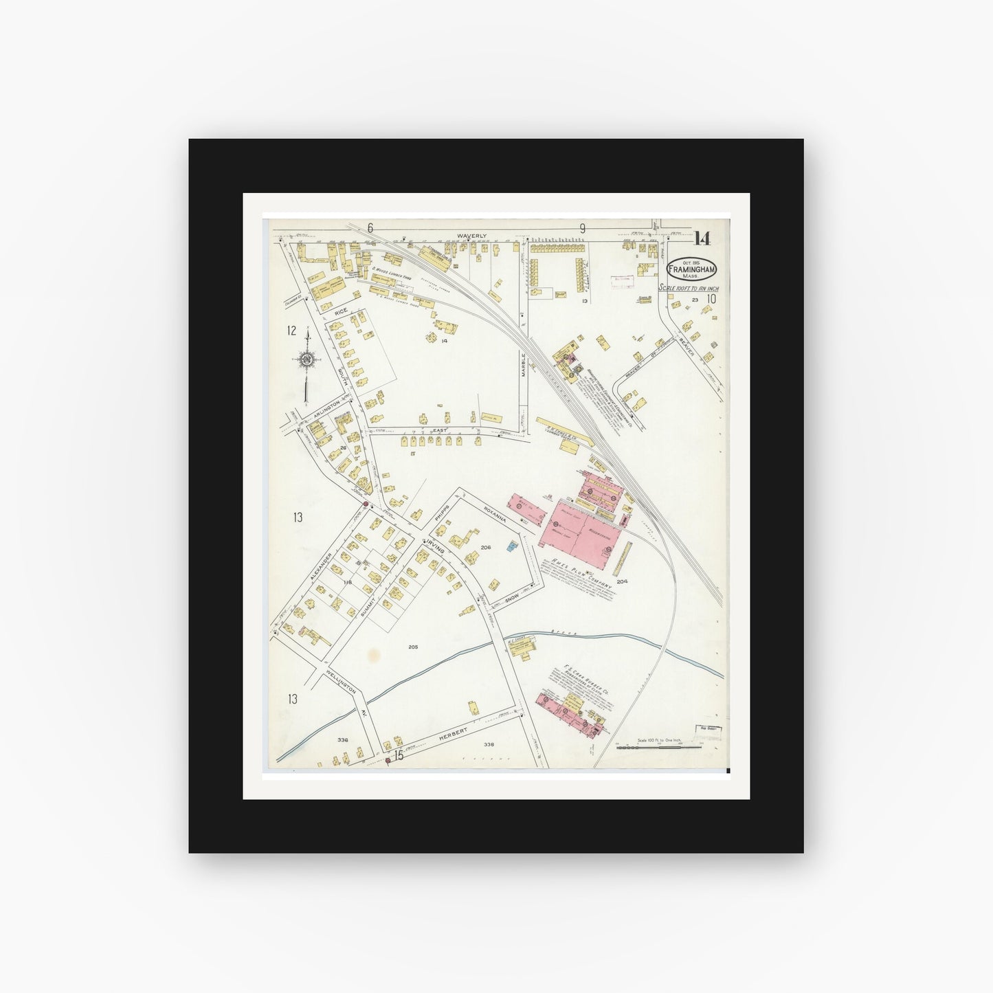 Old map wall art mockup — black gallery frame with white mat — Sanborn Fire Insurance Map from Framingham, Middlesex County, Massachusetts (1915), Sheet #0014