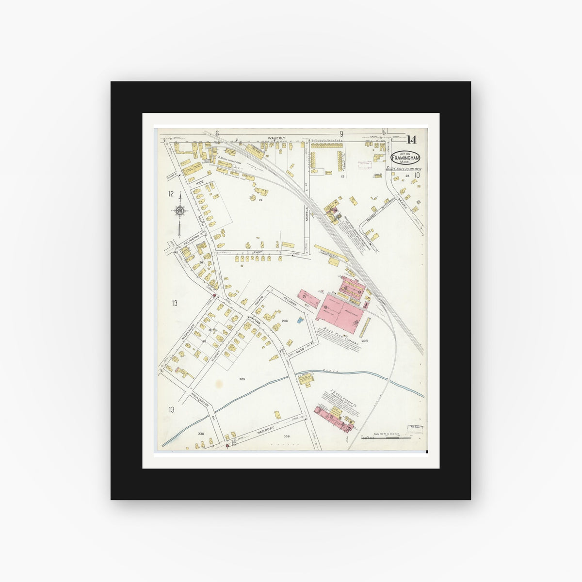 Old map wall art mockup — black gallery frame with white mat — Sanborn Fire Insurance Map from Framingham, Middlesex County, Massachusetts (1915), Sheet #0014