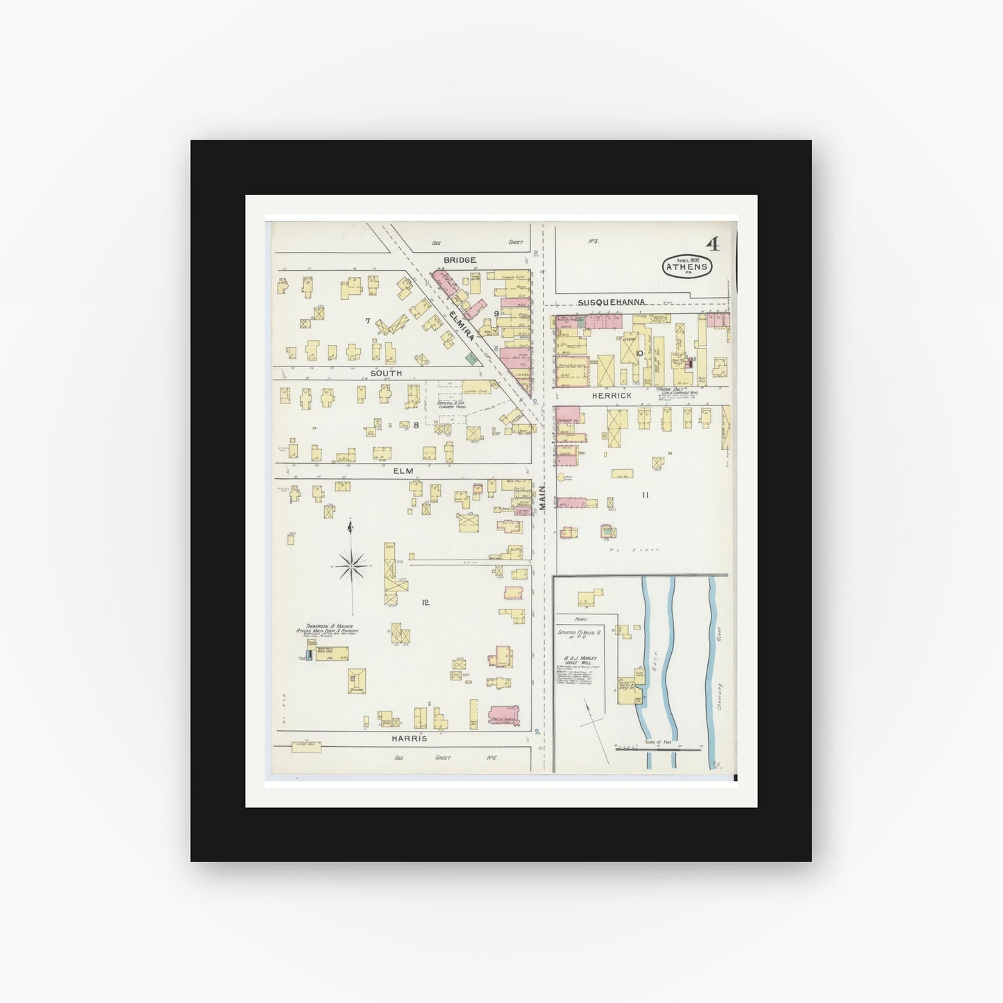 Old map wall art mockup — black gallery frame with white mat — Sanborn Fire Insurance Map from Athens, Bradford County, Pennsylvania (1892), Sheet #0004