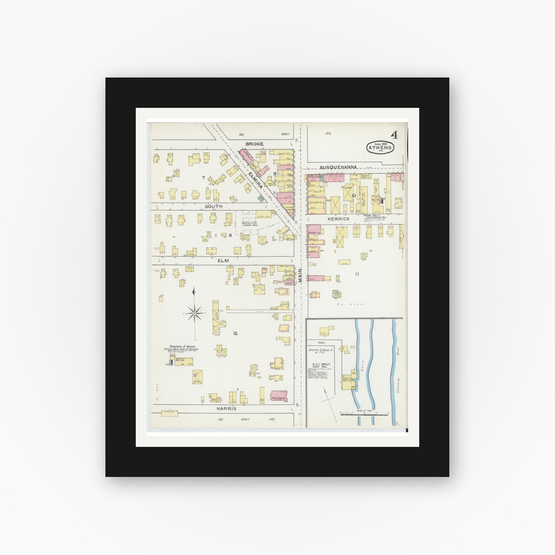 Old map wall art mockup — black gallery frame with white mat — Sanborn Fire Insurance Map from Athens, Bradford County, Pennsylvania (1892), Sheet #0004