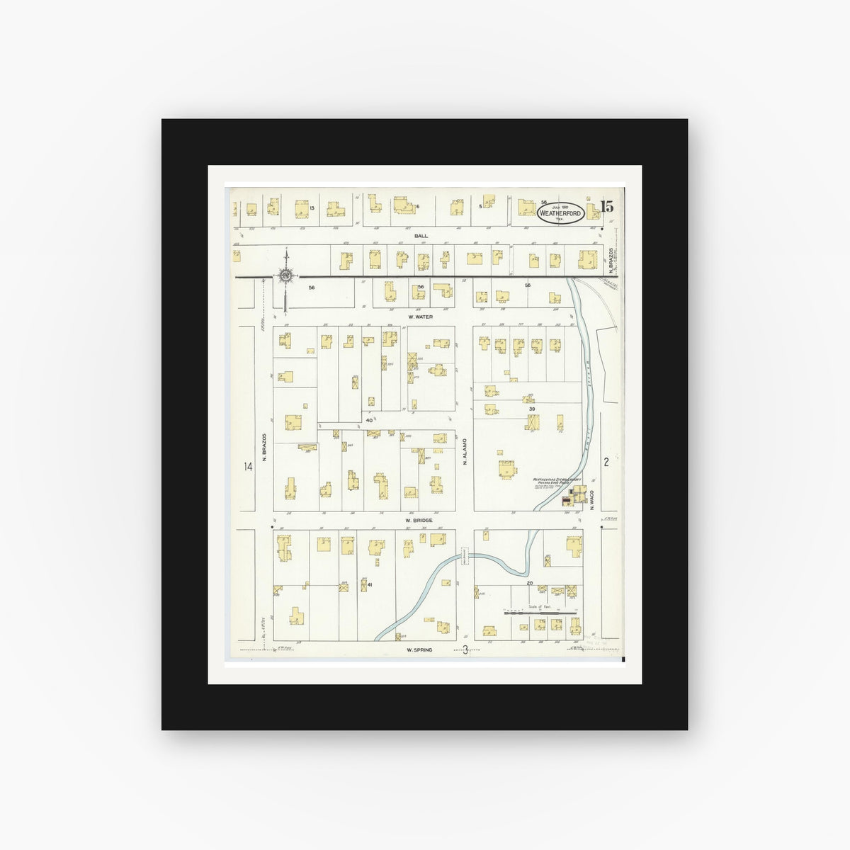 Old map wall art mockup — black gallery frame with white mat — Sanborn Fire Insurance Map from Weatherford, Parker County, Texas (1910), Sheet #0015