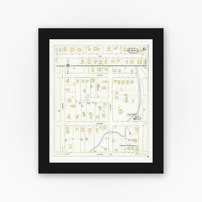 Old map wall art mockup — black gallery frame with white mat — Sanborn Fire Insurance Map from Weatherford, Parker County, Texas (1910), Sheet #0015