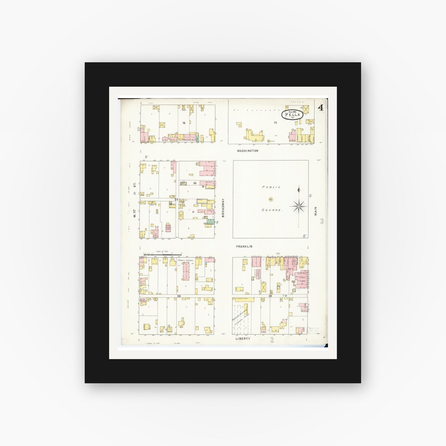 Old map wall art mockup — black gallery frame with white mat — Sanborn Fire Insurance Map from Pella, Marion County, Iowa (1895), Sheet #0004