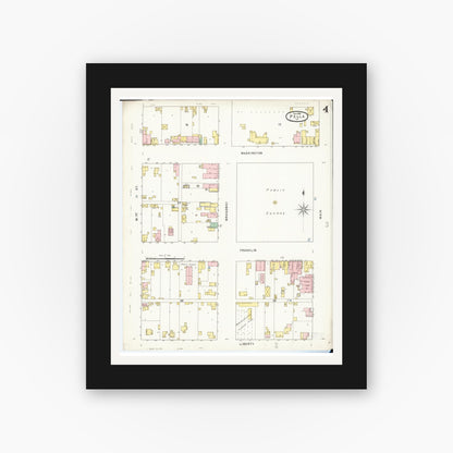 Old map wall art mockup — black gallery frame with white mat — Sanborn Fire Insurance Map from Pella, Marion County, Iowa (1895), Sheet #0004