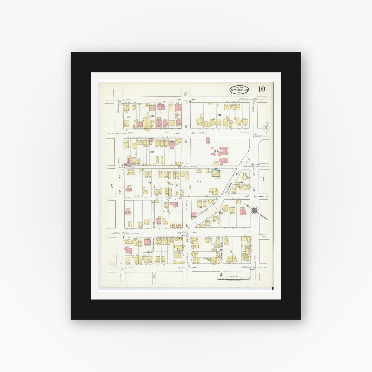 Old map wall art mockup — black gallery frame with white mat — Sanborn Fire Insurance Map from New Brighton, Beaver County, Pennsylvania (1918), Sheet #0010