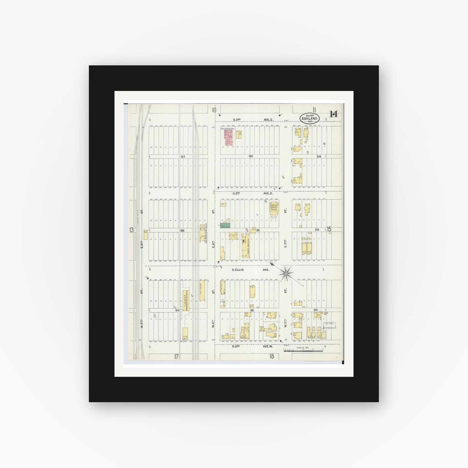 Old map wall art mockup — black gallery frame with white mat — Sanborn Fire Insurance Map from Ashland, Ashland County, Wisconsin (1901), Sheet #0014