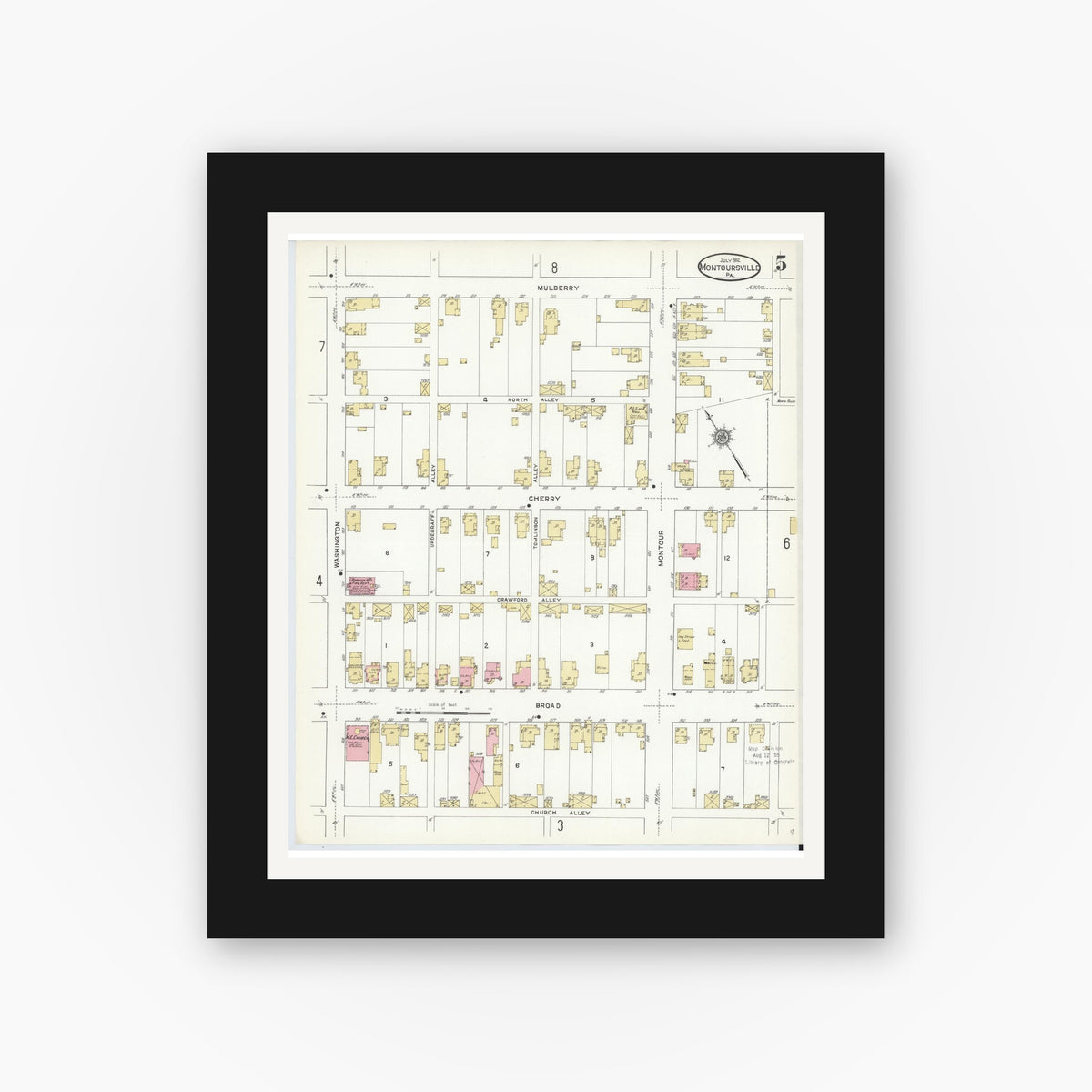 Old map wall art mockup — black gallery frame with white mat — Sanborn Fire Insurance Map from Montoursville, Lycoming County, Pennsylvania (1912), Sheet #0005
