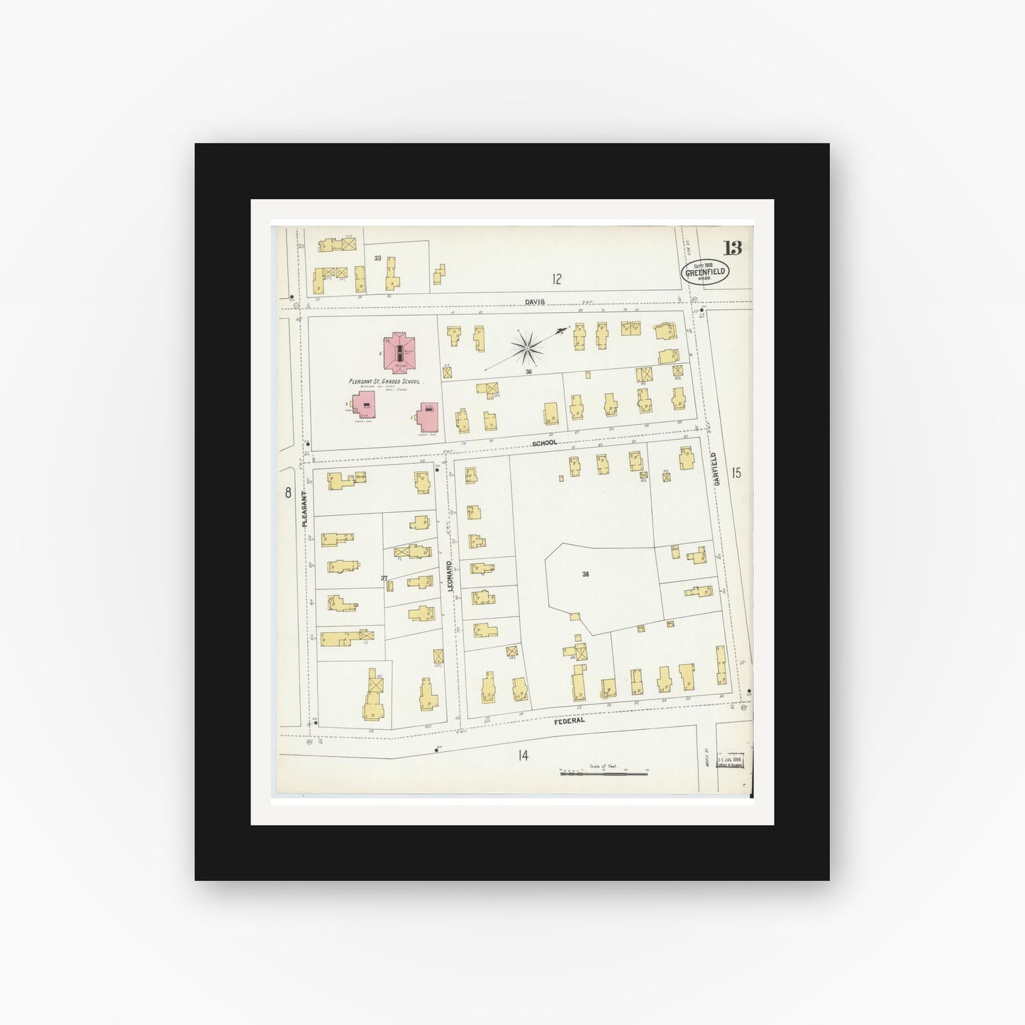 Old map wall art mockup — black gallery frame with white mat — Sanborn Fire Insurance Map from Greenfield, Franklin County, Massachusetts (1902), Sheet #0013