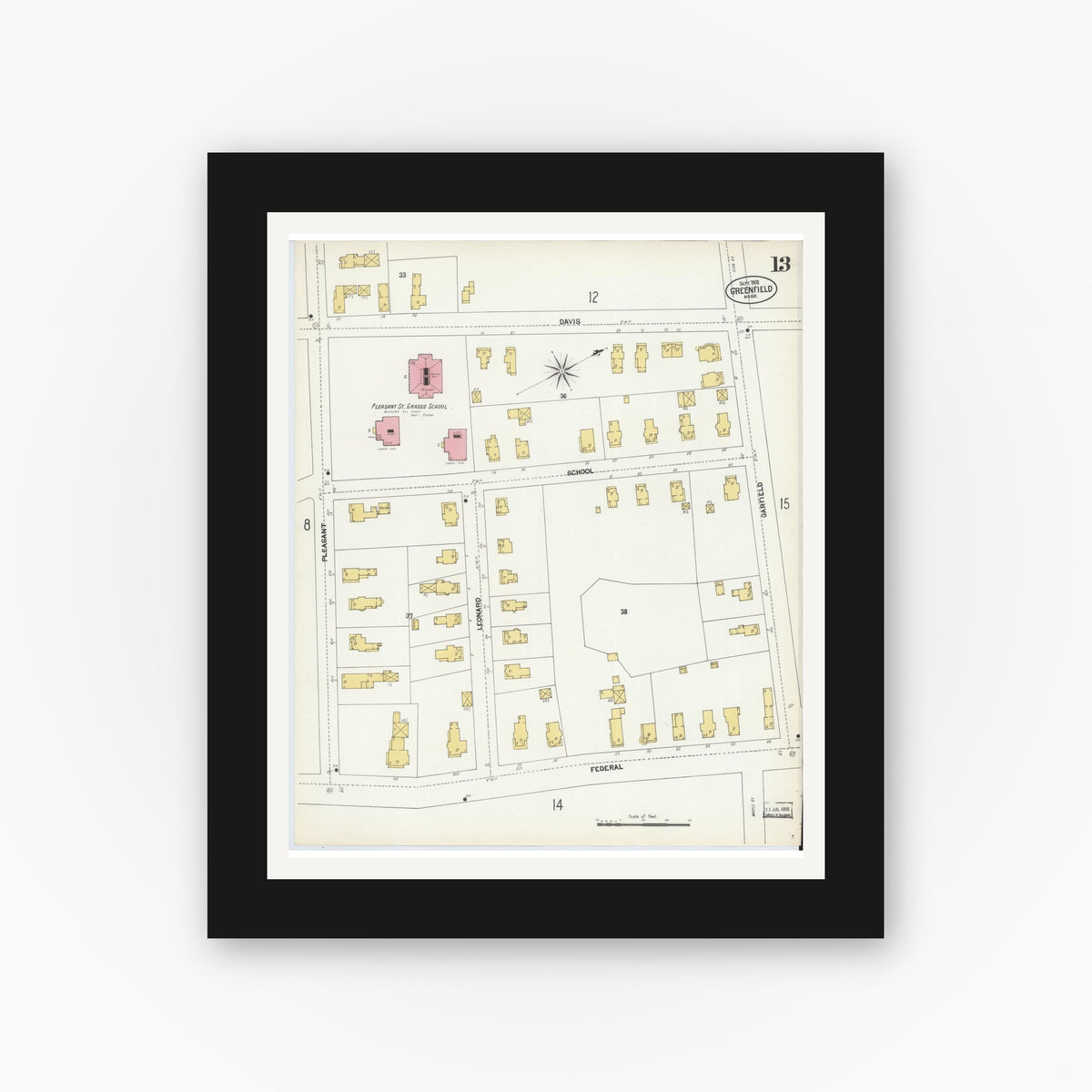 Old map wall art mockup — black gallery frame with white mat — Sanborn Fire Insurance Map from Greenfield, Franklin County, Massachusetts (1902), Sheet #0013