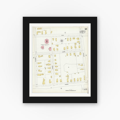 Old map wall art mockup — black gallery frame with white mat — Sanborn Fire Insurance Map from Greenfield, Franklin County, Massachusetts (1902), Sheet #0013
