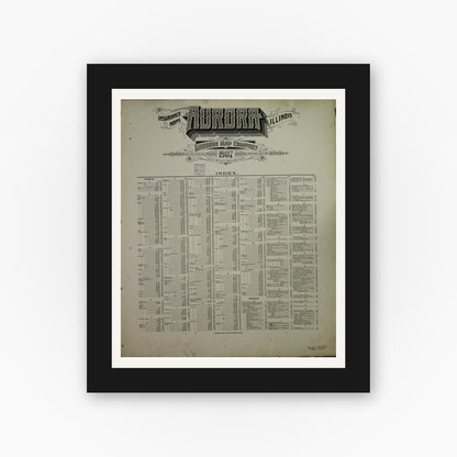 Old map wall art mockup — black gallery frame with white mat — Sanborn Fire Insurance Map from Aurora, Kane County, Illinois (1907), Sheet #0001