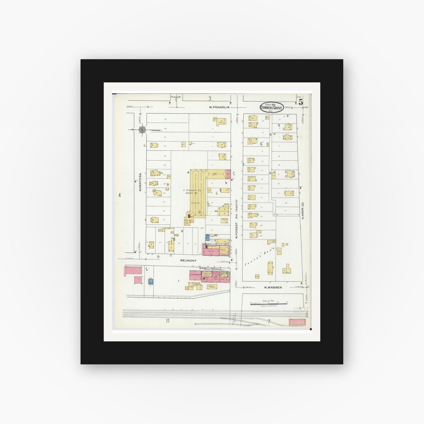 Old map wall art mockup — black gallery frame with white mat — Sanborn Fire Insurance Map from Downers Grove, Dupage County, Illinois (1921), Sheet #0005