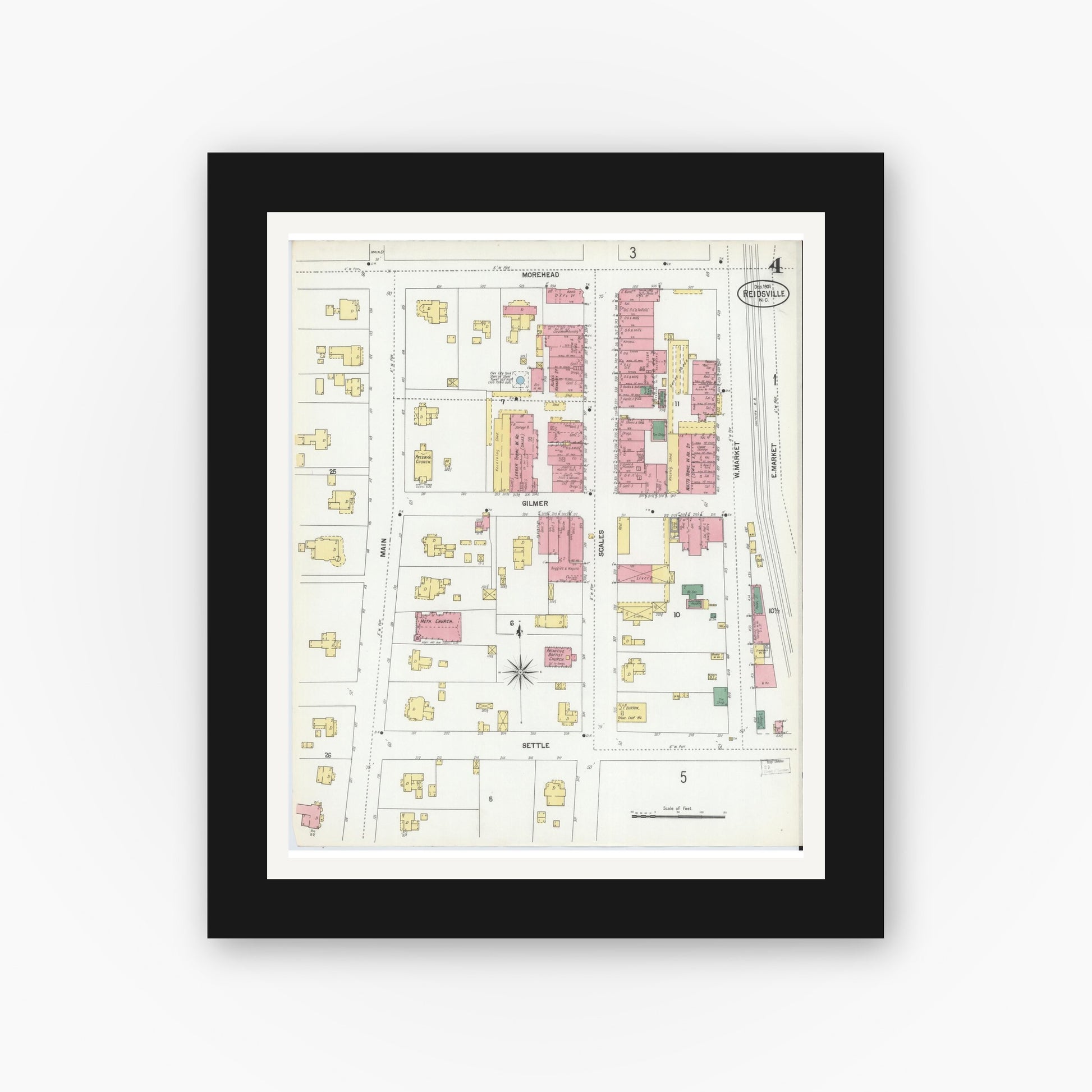 Old map wall art mockup — black gallery frame with white mat — Sanborn Fire Insurance Map from Reidsville, Rockingham County, North Carolina (1901), Sheet #0004