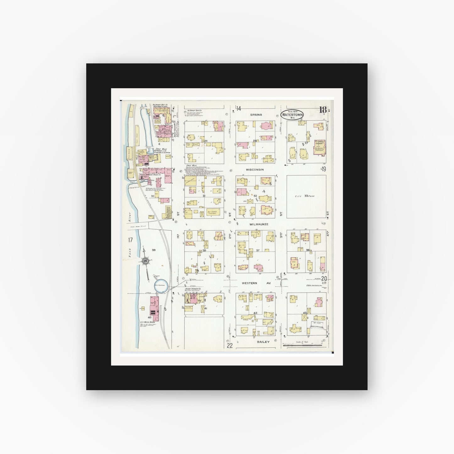 Old map wall art mockup — black gallery frame with white mat — Sanborn Fire Insurance Map from Watertown, Jefferson County, Wisconsin (1909), Sheet #0018
