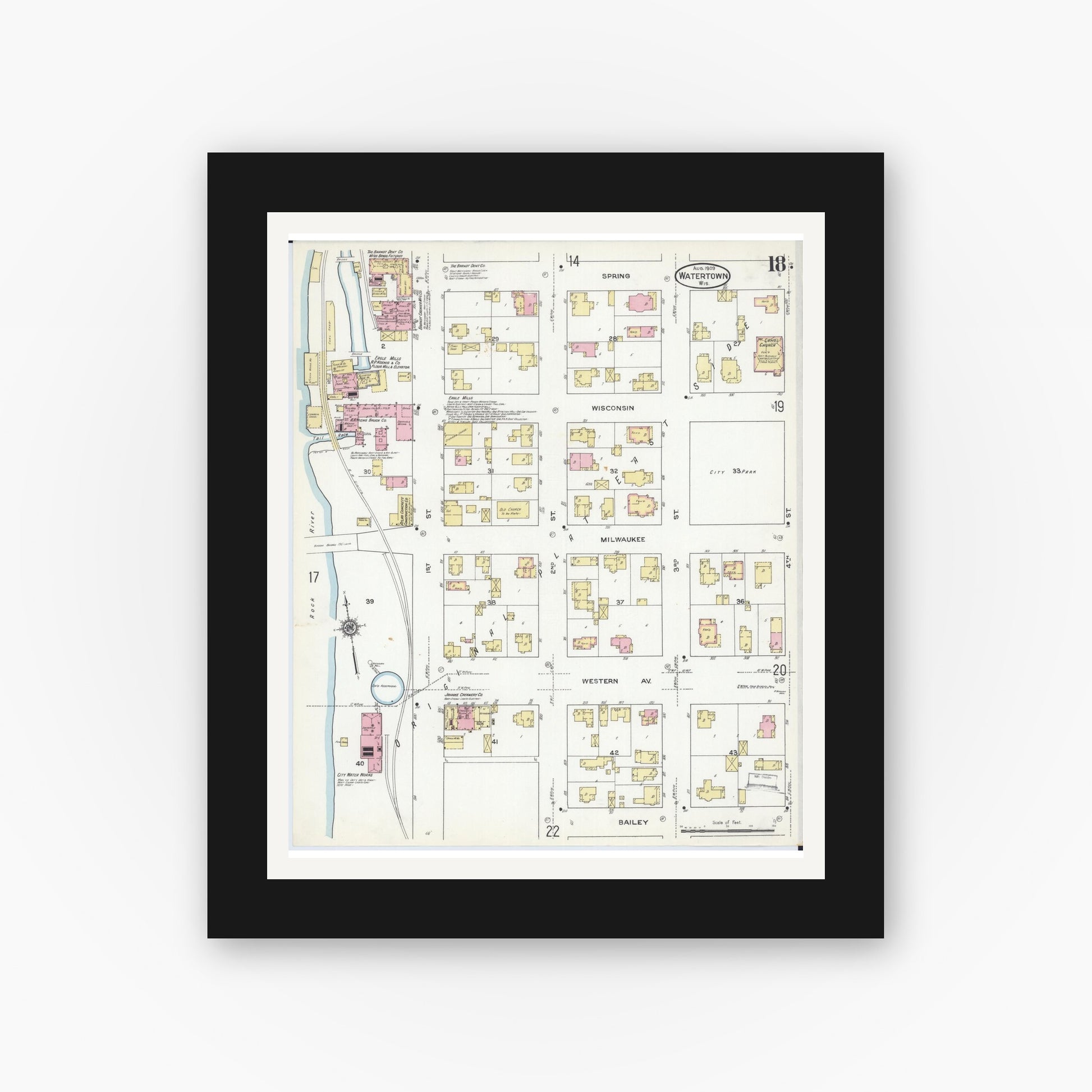 Old map wall art mockup — black gallery frame with white mat — Sanborn Fire Insurance Map from Watertown, Jefferson County, Wisconsin (1909), Sheet #0018