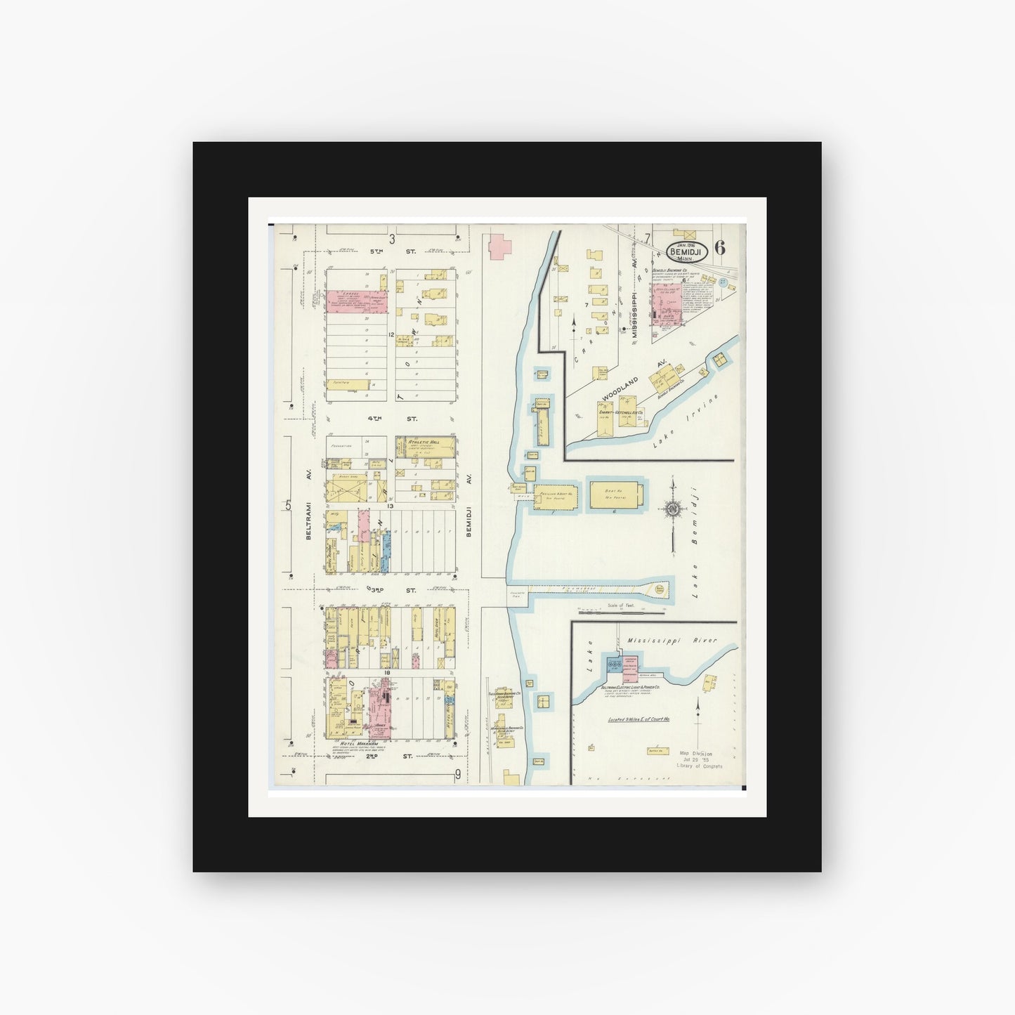 Old map wall art mockup — black gallery frame with white mat — Sanborn Fire Insurance Map from Bemidji, Beltrami County, Minnesota (1916), Sheet #0006