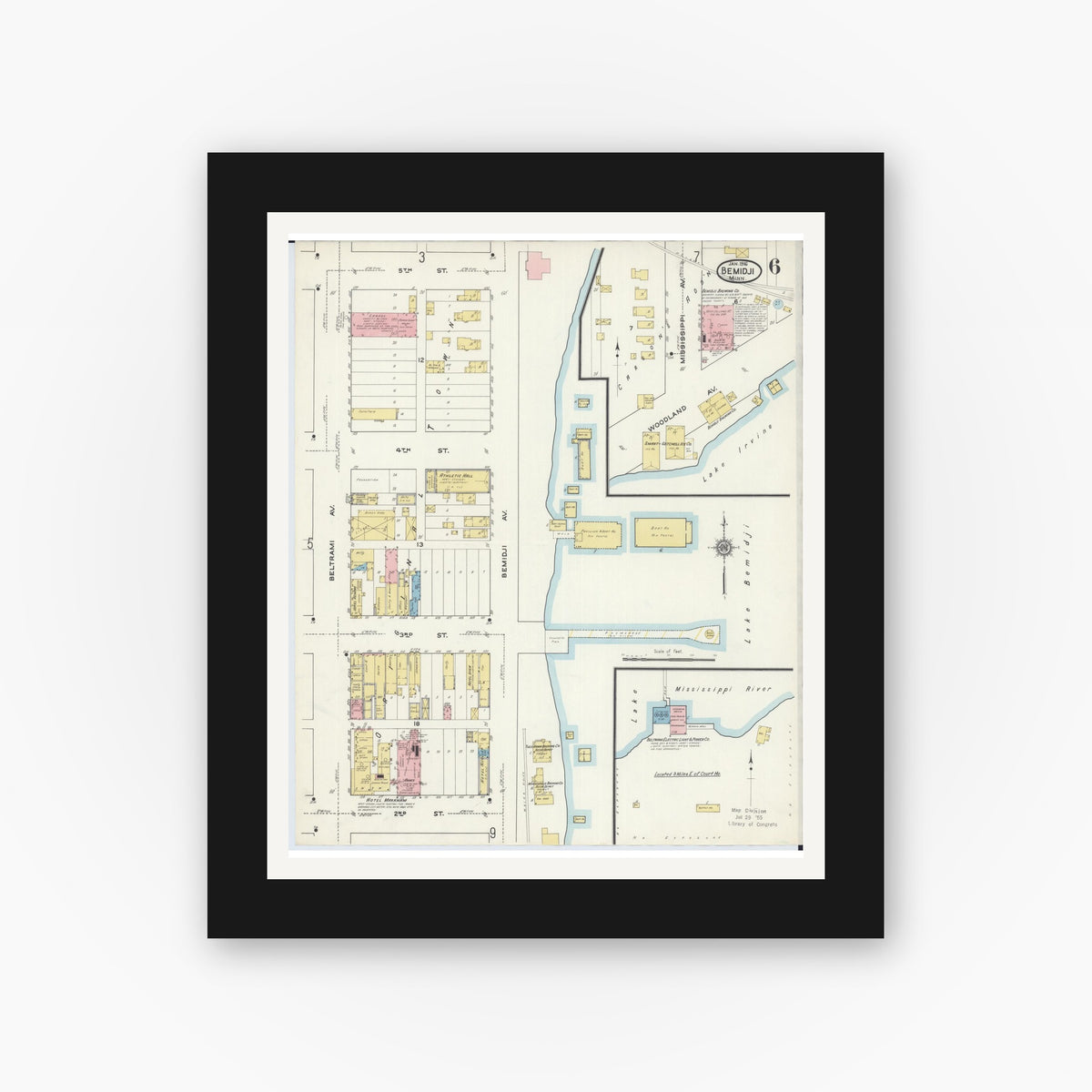Old map wall art mockup — black gallery frame with white mat — Sanborn Fire Insurance Map from Bemidji, Beltrami County, Minnesota (1916), Sheet #0006