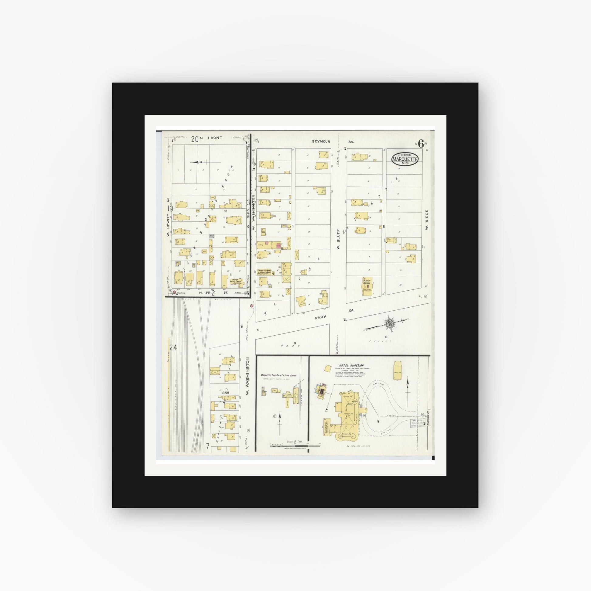 Old map wall art mockup — black gallery frame with white mat — Sanborn Fire Insurance Map from Marquette, Marquette County, Michigan (1917), Sheet #0006