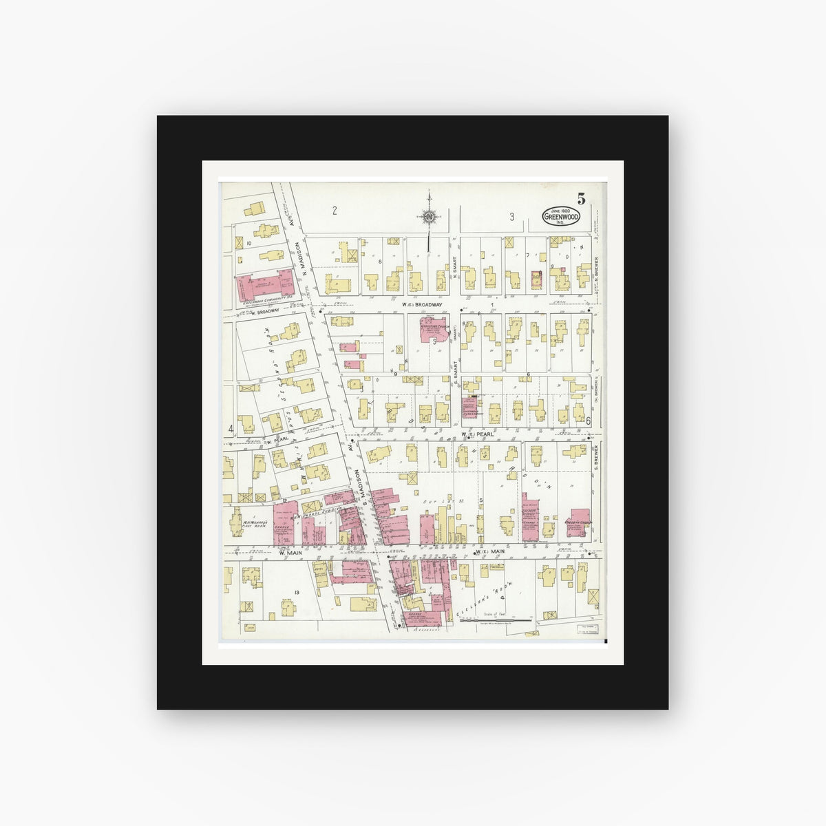 Old map wall art mockup — black gallery frame with white mat — Sanborn Fire Insurance Map from Greenwood, Johnson County, Indiana (1920), Sheet #0005