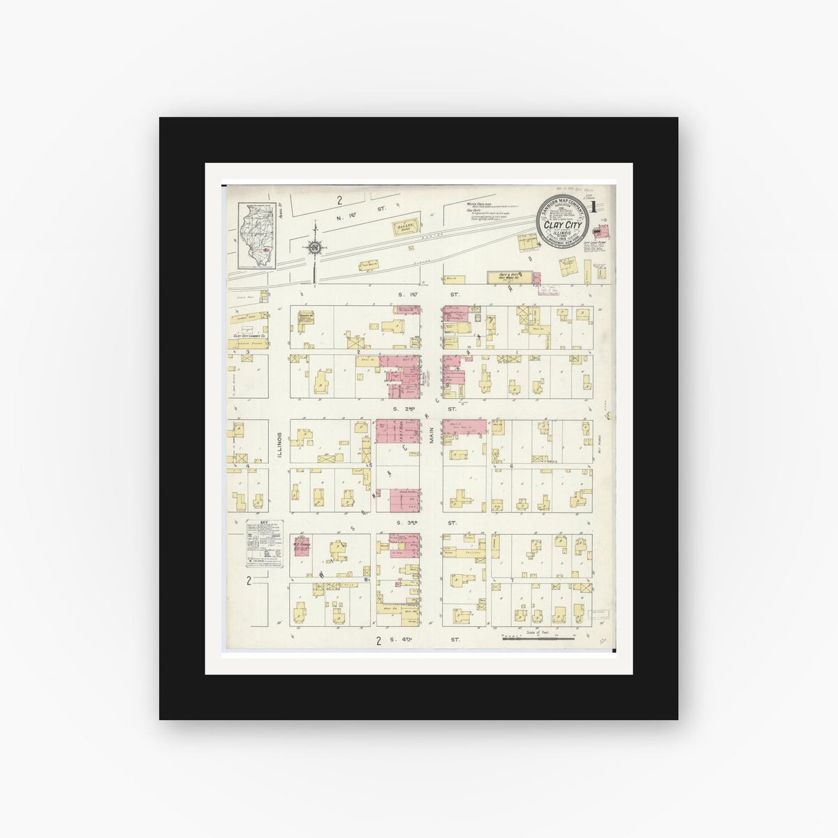 Old map wall art mockup — black gallery frame with white mat — Sanborn Fire Insurance Map from Clay City, Clay County, Illinois (1913) - Complete Map Set
