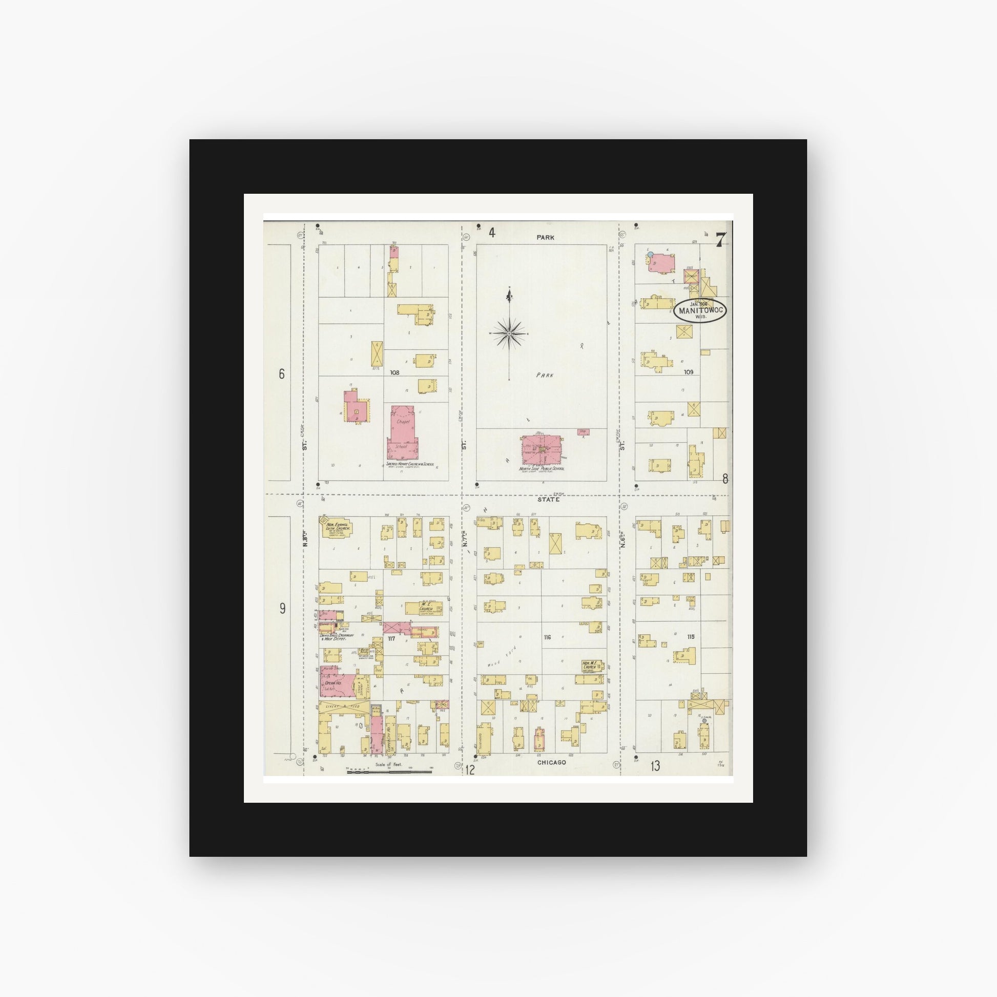 Old map wall art mockup — black gallery frame with white mat — Sanborn Fire Insurance Map from Manitowoc, Manitowoc County, Wisconsin (1906), Sheet #0007