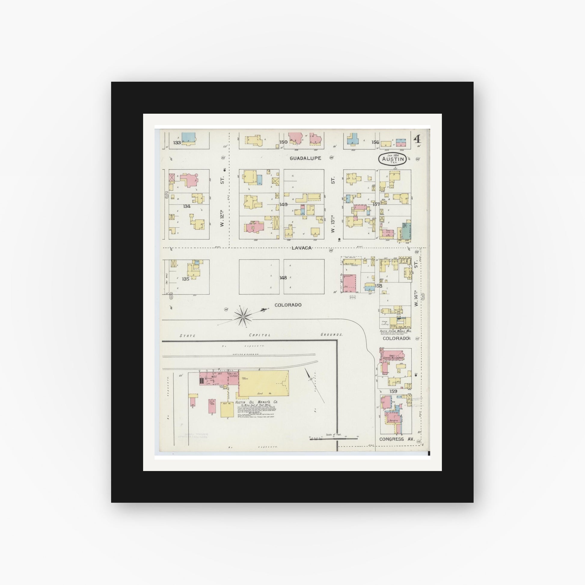 Old map wall art mockup — black gallery frame with white mat — Sanborn Fire Insurance Map from Austin, Travis County, Texas (1894), Sheet #0004
