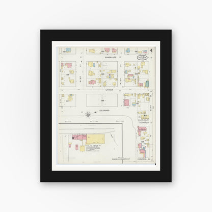Old map wall art mockup — black gallery frame with white mat — Sanborn Fire Insurance Map from Austin, Travis County, Texas (1894), Sheet #0004