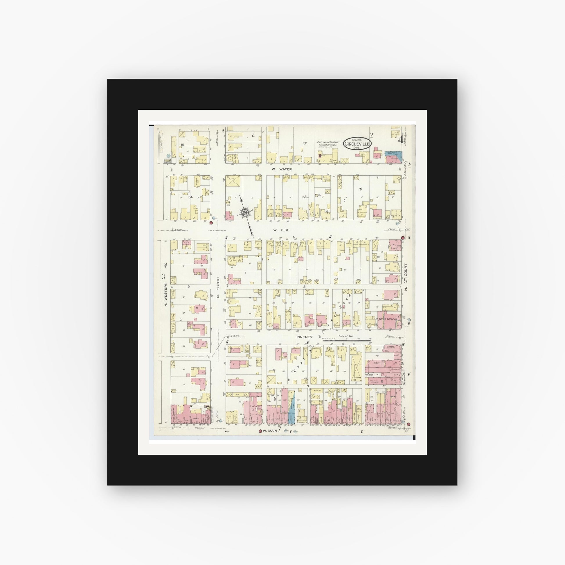 Old map wall art mockup — black gallery frame with white mat — Sanborn Fire Insurance Map from Circleville, Pickaway County, Ohio (1914), Sheet #0004