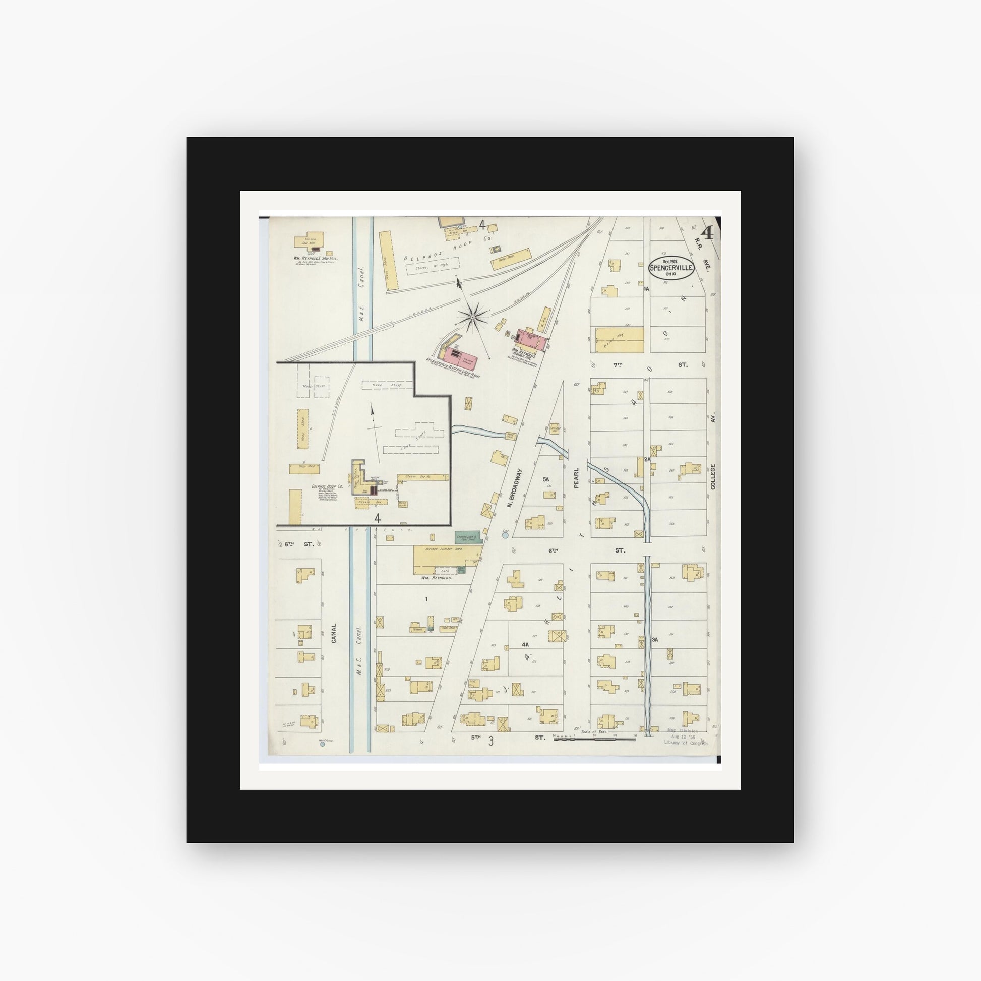 Old map wall art mockup — black gallery frame with white mat — Sanborn Fire Insurance Map from Spencerville, Allen County, Ohio (1902), Sheet #0004