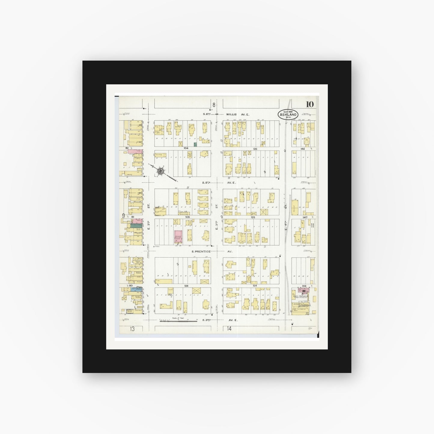 Old map wall art mockup — black gallery frame with white mat — Sanborn Fire Insurance Map from Ashland, Ashland County, Wisconsin (1909), Sheet #0010