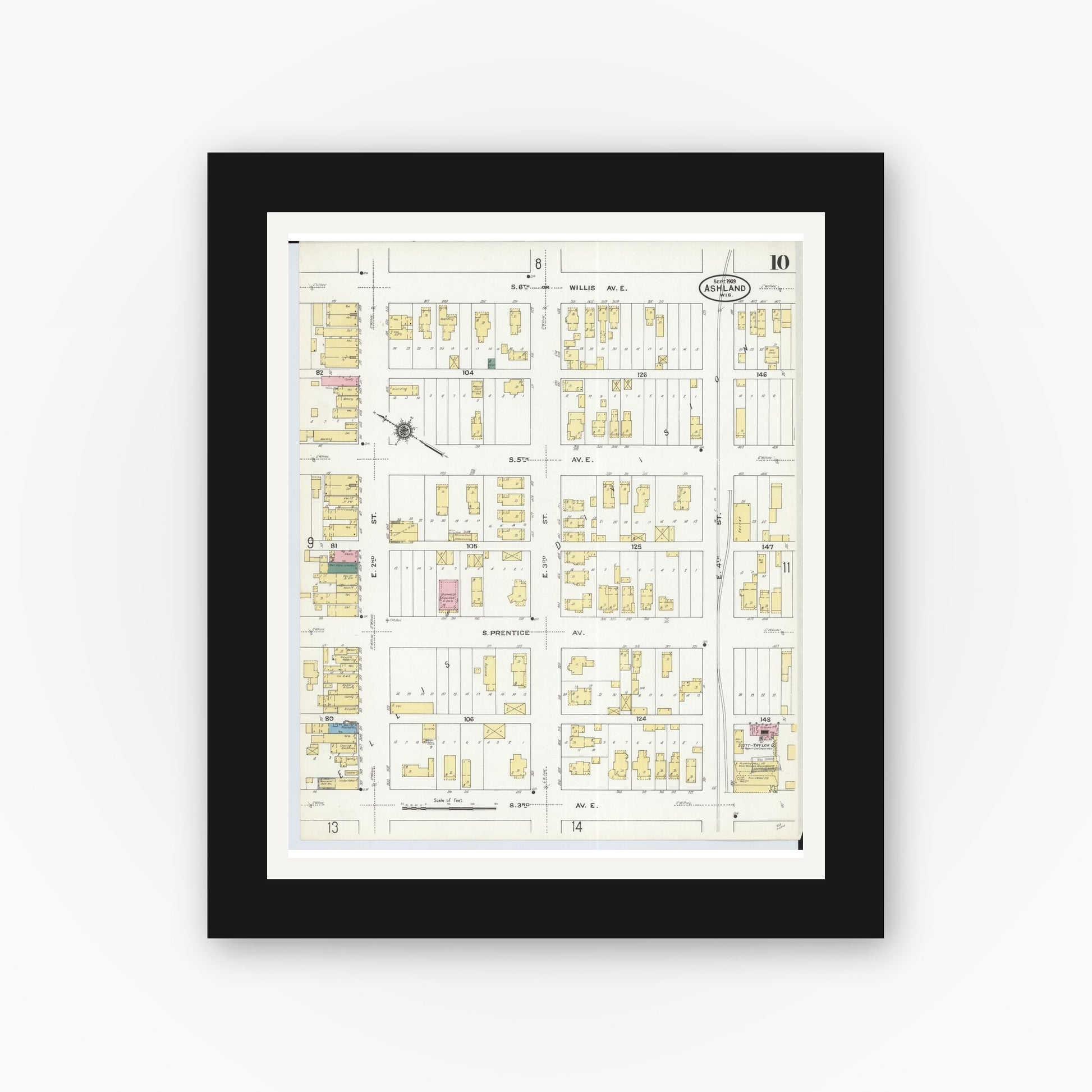 Old map wall art mockup — black gallery frame with white mat — Sanborn Fire Insurance Map from Ashland, Ashland County, Wisconsin (1909), Sheet #0010