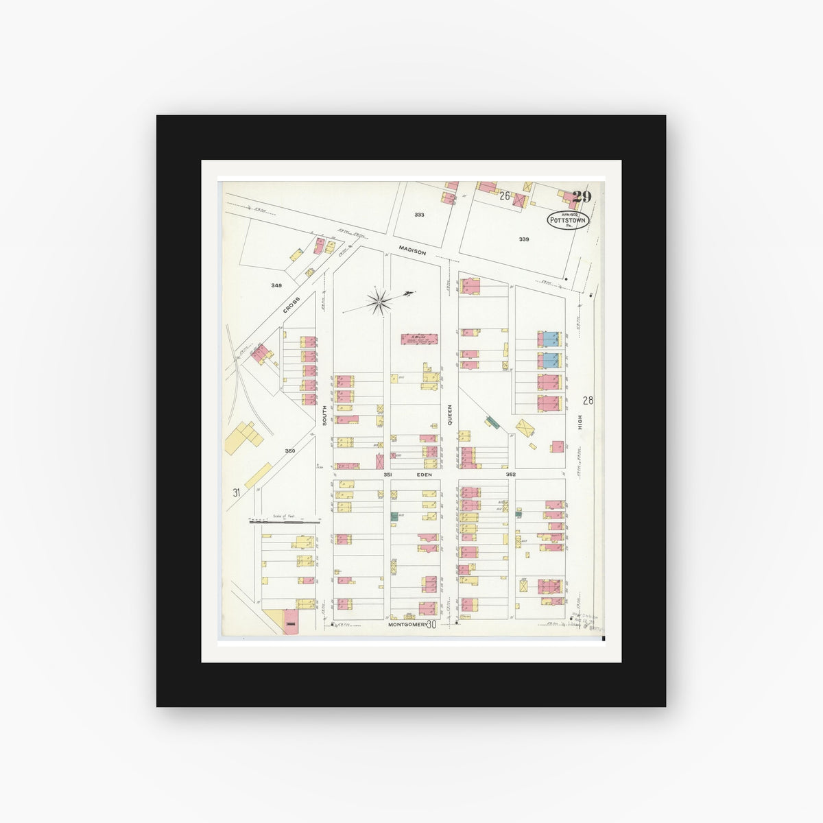 Old map wall art mockup — black gallery frame with white mat — Sanborn Fire Insurance Map from Pottstown, Montgomery County, Pennsylvania (1909), Sheet #0029