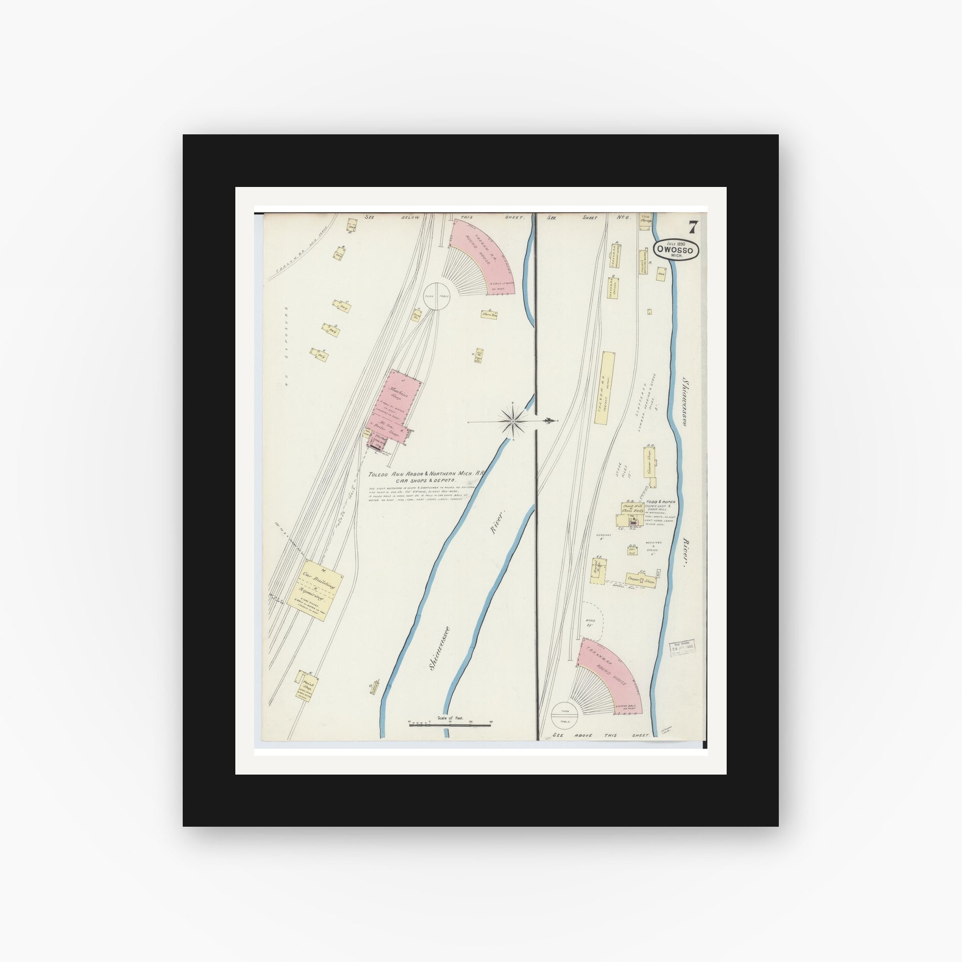 Old map wall art mockup — black gallery frame with white mat — Sanborn Fire Insurance Map from Owosso, Shiawassee County, Michigan (1890), Sheet #0007
