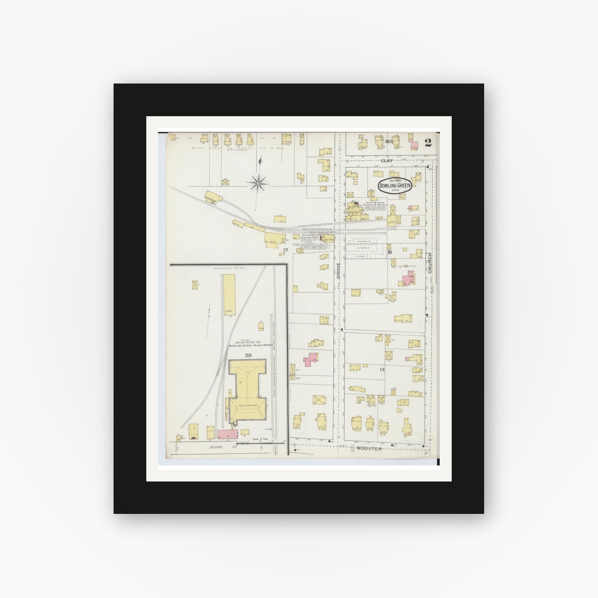 Old map wall art mockup — black gallery frame with white mat — Sanborn Fire Insurance Map from Bowling Green, Wood County, Ohio (1893), Sheet #0002