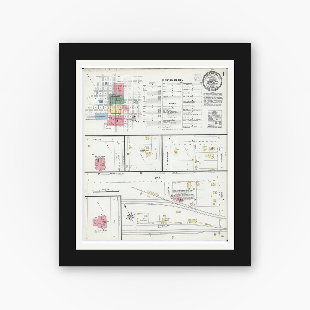 Old map wall art mockup — black gallery frame with white mat — Sanborn Fire Insurance Map from Bushnell, Mcdonough County, Illinois (1906) - Complete Map Set