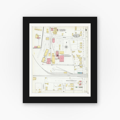 Old map wall art mockup — black gallery frame with white mat — Sanborn Fire Insurance Map from Kendallville, Noble County, Indiana (1904), Sheet #0002
